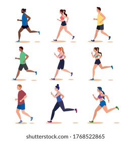 group people jogging, people running avatar characters vector illustration design