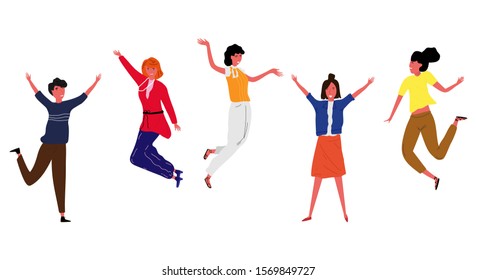 group of people joyful and dancing isolated on background. Vector illustration in flat design.