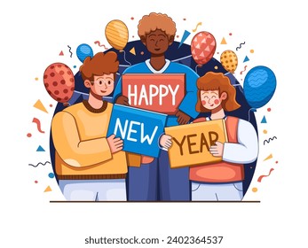 group of people joyfully welcoming the New Year together.  it depict spirit of exuberant celebration arrival of a new year