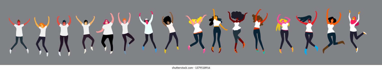 Group of people in a jump. Cheerful youth in the air on trampolines. Friends are jumping. Happy young people. Vector illustration cartoon design character