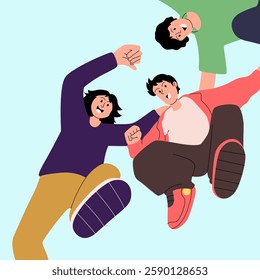 A group of people jump and hugging each other
