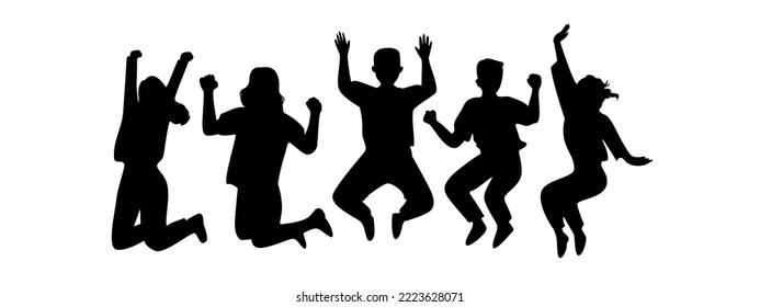 group of people jump silhouette. celebration sign and symbol. friends hooray vector illustration.