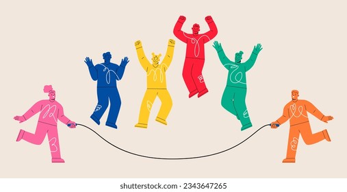 Group of people jump with skipping rope. Fitness exercise with jumping rope. Colorful vector illustration
