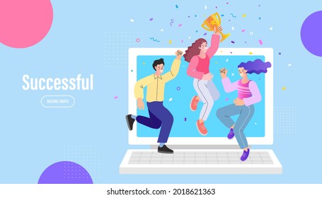 Group of people jumping holding trophy. golden cup and confetti. Business team achievements. Get reward and celebrate. Partnership and teamwork. business success, leadership, awards, career, success.