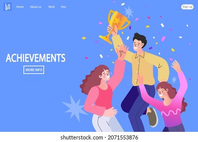 Group of people jumping holding trophy. golden cup and confetti. Business team achievements. Get reward and celebrate. 