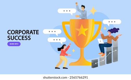 Group of people jumping holding trophy. golden cup and confetti. Business team achievements. Get reward and celebrate. success, leadership, awards. Vector illustration flat style.