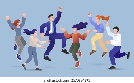 Group of people jumping holding trophy. golden cup and confetti. Business team achievements. Get reward and celebrate. success, leadership, awards. suit and semi-formal clothing. Vector flat design 