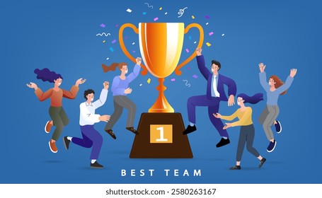 Group of people jumping holding trophy. golden cup and confetti. Business team achievements. Get reward and celebrate. success, leadership, awards. Vector illustration flat style.