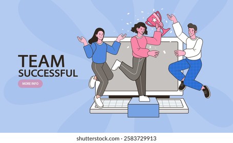 Group of people jumping holding trophy. golden cup and confetti. Business team achievements. Get reward and celebrate. success, leadership, awards. Vector illustration flat style.