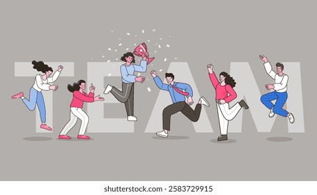 Group of people jumping holding trophy. golden cup and confetti. Business team achievements. Get reward and celebrate. success, leadership, awards. Vector illustration flat style.