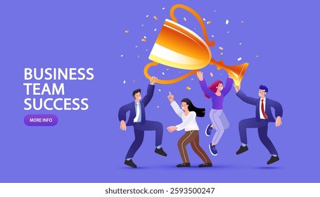 Group of people jumping holding trophy. golden cup and confetti. Business team achievements. Get reward and celebrate. success, leadership, awards. Vector illustration flat style.