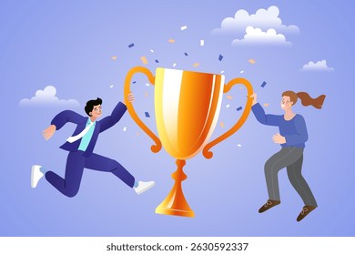 Group of people jumping holding trophy. golden cup and confetti. Business team achievements. Get reward and celebrate. success, leadership, awards. Vector illustration flat style.