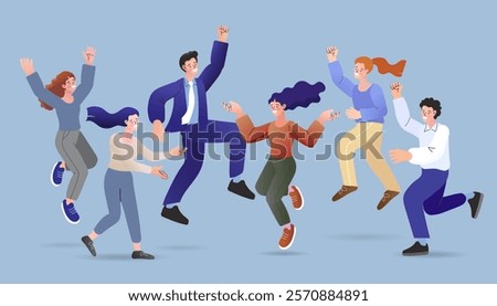 Group of people jumping holding trophy. golden cup and confetti. Business team achievements. Get reward and celebrate. success, leadership, awards. suit and semi-formal clothing. Vector flat design 