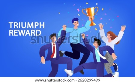 Group of people jumping holding trophy. golden cup and confetti. Business team achievements. Get reward and celebrate. success, leadership, awards, victory. Blue background. Vector illustration flat.