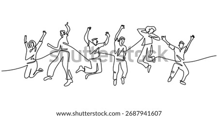 Group of people jumping for joy in a continuous line style. Success and teamwork celebration concept. Vector illustration minimalist design hand drawn.