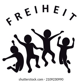 Group of people jumping for joy with german word for freedom (Freiheit), black, vector, abstract, isolated