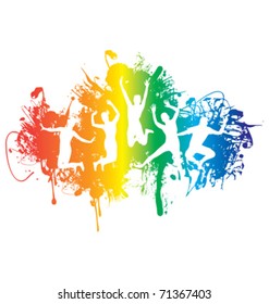 grupo de personas saltando sobre un fondo de salpicadura de arco iris de tinta