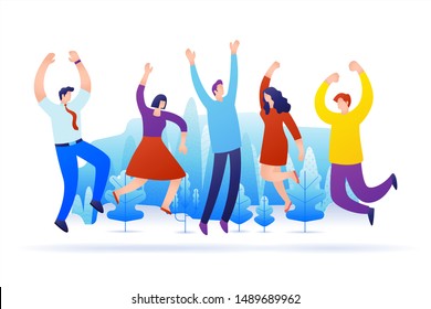 Group people jumping with raised hands isolated on white background.