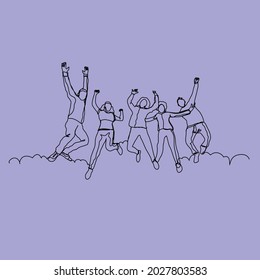 group of people jumping together in one line vector illustration