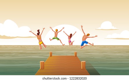 Group of people jumping from wooden pier into the water. Family having fun jumping in the sea water.

