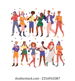 Group of people in karaoke. Young happy characters sing songs in music club. Party with amateurs singers holding microphones in hand. Cartoon flat vector collection isolated on white background