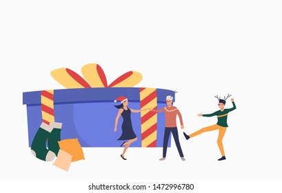 Group of people keeping New Year's party. Christmas, holiday, party. Happy New Year concept. Vector illustration for presentation slide, poster, new projects