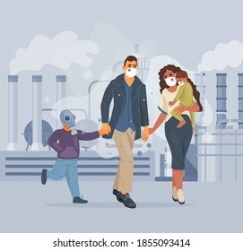 Group people with kid wearing protective face masks, protection against chinese virus coronavirus epidemic polluted street on the background of smoking pipes of factories, industry smoke, dust vector