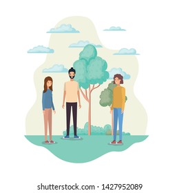 group of people in landscape with trees and plants