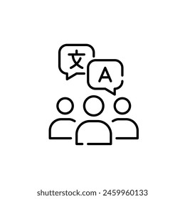 Group of people and languages speech bubbles. Multilingual community, global teamwork. Pixel perfect editable icon