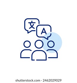 Group of people and languages speech bubbles. Multilingual community, global teamwork. Pixel perfect vector icon