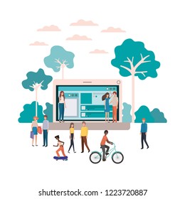 group of people with laptop computer avatar character