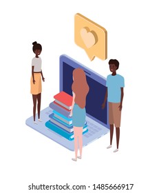 group of people laptop with stack of books on white background