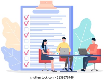 Group of people with laptops sitting at workplace on background of big checklist, to do plan. Time management, schedule planning concept. Employees work with checklist, planner program on computer