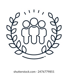 Group of people, laurel wreath. Concept best working group. Vector linear icon isolated on white background.