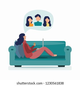 A group of people leading an online dialogue. Vector illustration in flat style.