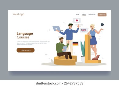Group of people learning languages with flags, modern flat graphic style, white background, concept of online education and communication. Vector illustration