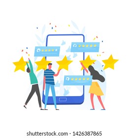 Group of people leaving five star rating and giant smartphone. Customer experience and satisfaction, positive feedback, product or service review and evaluation. Modern flat vector illustration.