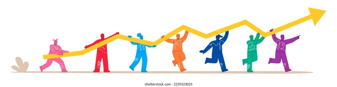 Group of people lifting up a financial graph and arrow. Colorful vector illustration
