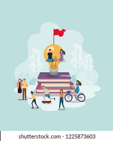 group of people with light bulb and books