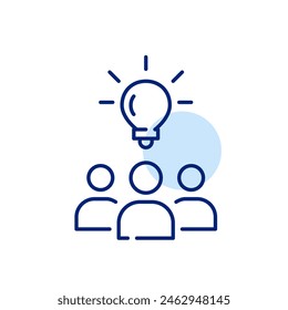 Grupo de personas y bombilla. Lluvia de ideas, pensamiento creativo, intercambio de ideas e integración. Icono de píxel perfecto