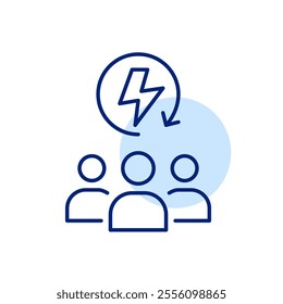 Group of people and lightning in renew arrow. Energy conservation and green sources community. Pixel perfect, editable stroke icon