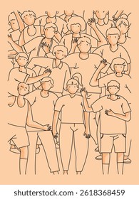 Group of people line drawing with simple color sketch vector illustration. Outline people relationship, business team, employees,diversity, togetherness,  social concept.