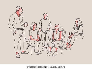 Grupo de pessoas desenho de linha com ilustração de vetor de esboço de cor simples. Descrever o relacionamento com as pessoas, a equipe de negócios, os funcionários, a diversidade, a união e o conceito social.
