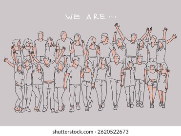 Group of people line drawing with simple color sketch vector illustration. Outline people relationship, business team, employees, social concept.