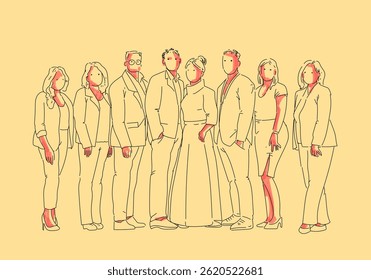 Grupo de pessoas desenho de linha com ilustração de vetor de esboço de cor simples. Descrever o relacionamento com as pessoas, equipe de negócios, funcionários, conceito social.