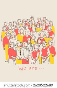 Group of people line drawing with simple color sketch vector illustration. Outline people relationship, business team, employees, social concept.