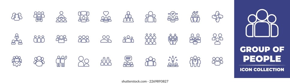 Group of people line icon collection. Editable stroke. Vector illustration. Containing group, team, leader, discussion, audience, choir, collaboration, groups, group therapy, family, teamwork, users.