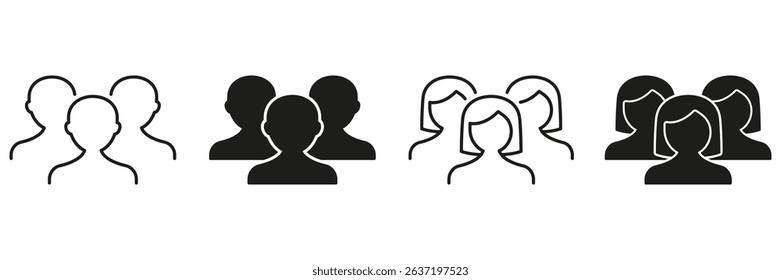 Group Of People Line And Solid Icon Set. Teamwork, Community, And Social Interaction Outline And Silhouette Symbol Collection. Collaboration And Networking. Isolated Vector Illustration.