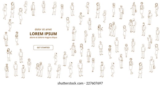 Group of people lined silhouettes on white background. Line thickness fully editable