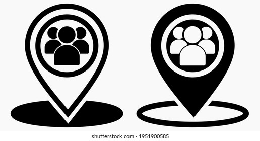 Group of people location icon. Gathering people. Place on the map of people. Vector icon.